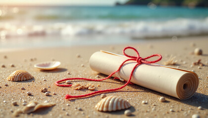 Message in bottle on sandy beach with seashells