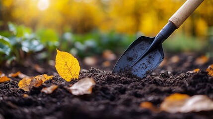 A close-up of a spade digging into rich, dark soil among fallen autumn leaves, with the vibrant colors representing growth, change, and the cycle of life.