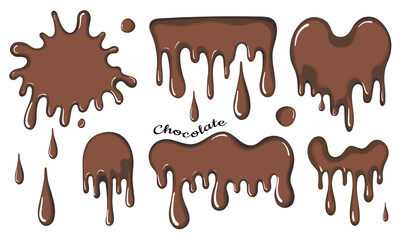 Melted chocolate decorative shapes liquids. Splashes drops stain shape set isolated on white. Cartoon chocolate spatters.