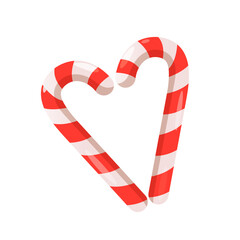 Candy canes Christmas sweets in heart shape isolated on white background.
