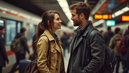 Couple smiling at each other in crowded subway station