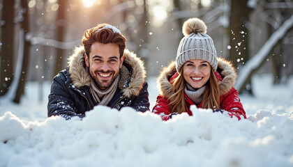 Cheerful couple smiling in snowy winter scene