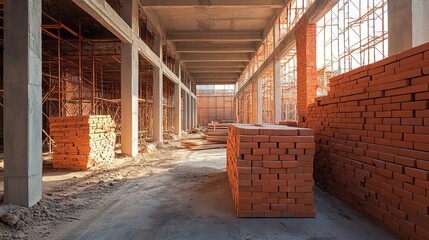 Red bricks stacked inside an under-construction building, ready for use as building materials. 
