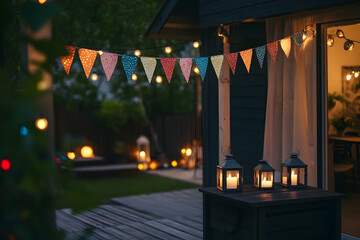 Colorful bunting sways as warm lanterns light up a cozy backyard for evening fun