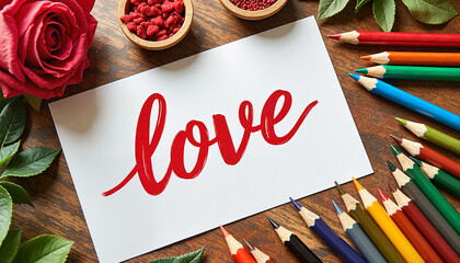 Love calligraphy with rose and colorful pencils on wood