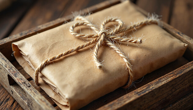 Wrapped package with twine bow in rustic wooden box