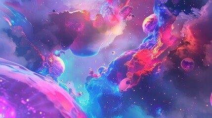 Celestial neon shapes on a cosmic canvas, Clean white space in the center