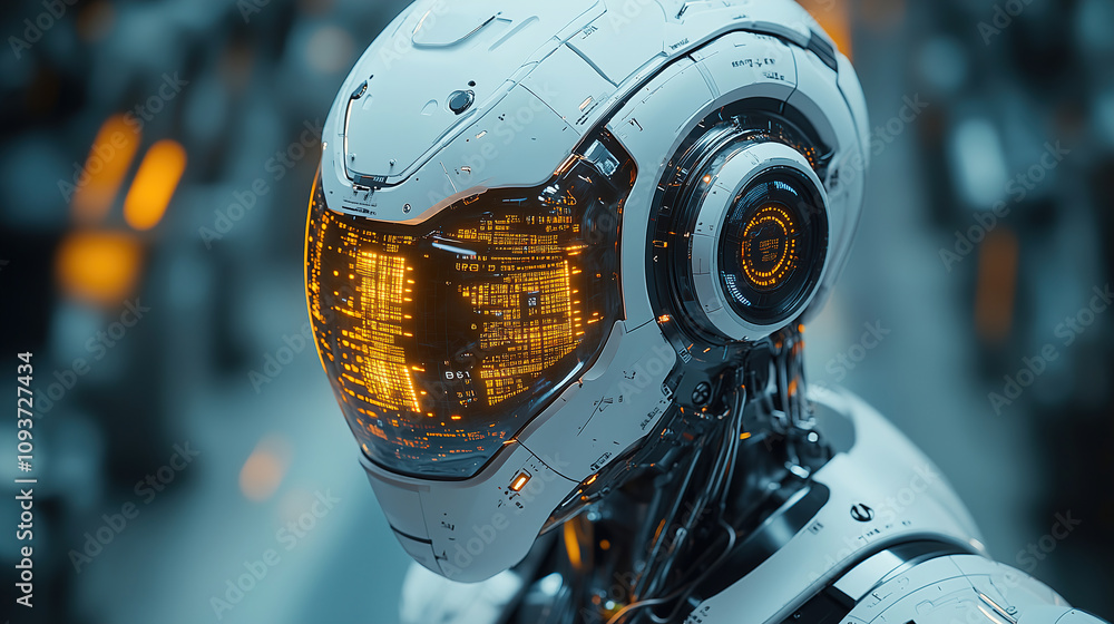 Aufkleber futuristic robot head with glowing visor in a high-tech environment showcasing advanced technology a