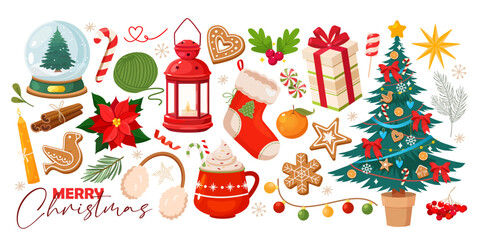 Christmas holiday elements includes winter berries, gingerbread cookies, holiday tree, lantern and canles, gift box, etc.
