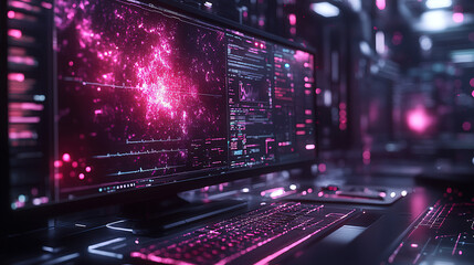 Modern workspace featuring advanced technology with vibrant pink graphics and data displays in a futuristic environment. Generative AI