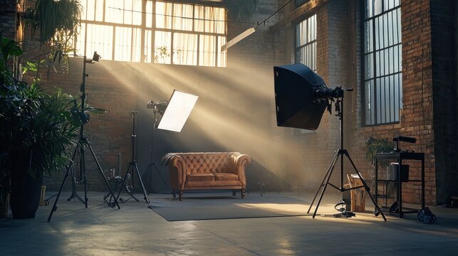Empty photo studio with lighting equipment, a sofa, and sunbeams.