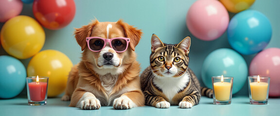 Dog with sunglasses and cat posing with colorful balloons