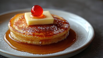 Deliciously fluffy pancakes topped with butter and a cherry, served with syrup in a cozy cafe setting. Generative AI