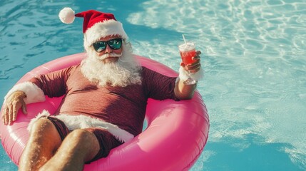 Santa Claus wearing sunglasses, lounging on a pink pool float in clear blue water