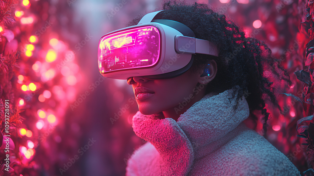 Aufkleber engaging with virtual reality in a vibrant, illuminated environment during an immersive experience. 