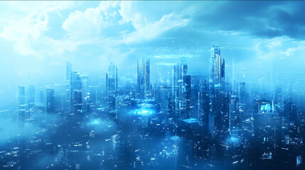 Fantasy technological future city blue tones