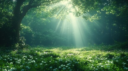 Obraz premium Sunlit forest clearing with lush greenery and sunbeams through tree canopy