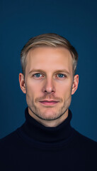 Fototapeta premium Man with Light Brown Hair in Dark Blue Turtleneck Sweater on Solid Blue Background
