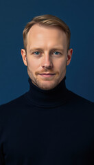 Obraz premium Man with Light Brown Hair in Dark Blue Turtleneck Sweater on Solid Blue Background