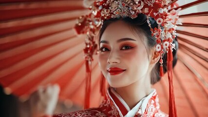 Young Asian woman in traditional opera costume with umbrella. 2025, Happy Lunar and Chinese New Year. Cultural celebration. Theatrical performance