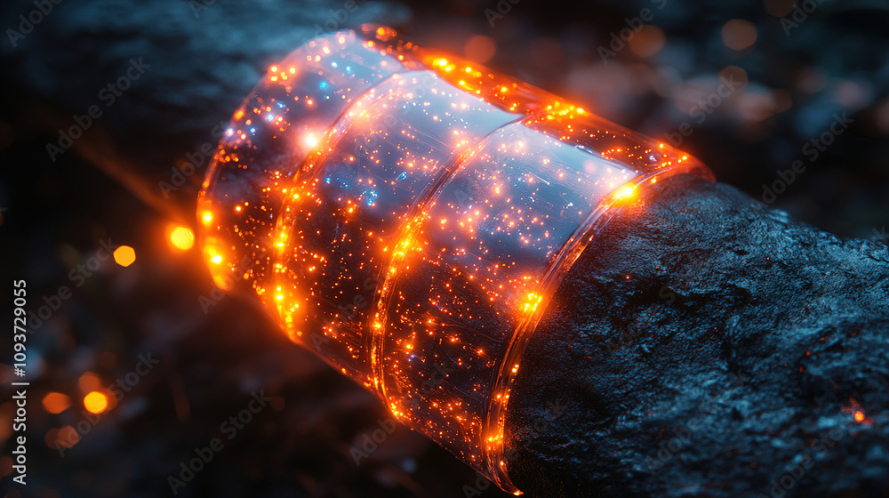Poster shimmering glowing ring rests on a dark log, creating a magical atmosphere at dusk. generative ai