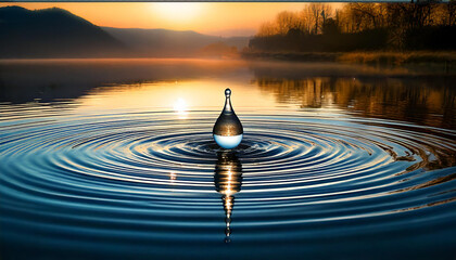 Water drop on the sunset background