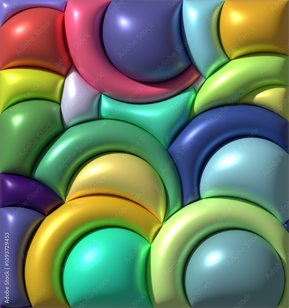 Poster multicolored round shapes with shiny smooth surface, 3d rendering illustration