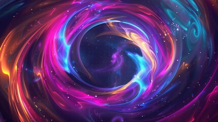 Obraz premium Celestial neon swirls on a dark backdrop, Clean white space in the center
