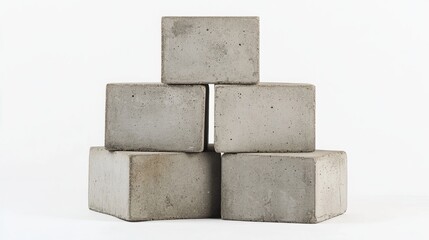 Six concrete blocks form a pyramid shape, standing alone against a white backdrop. 