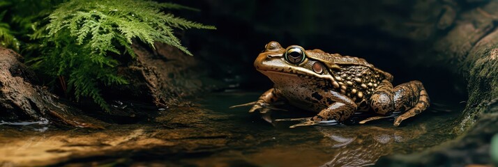 Celebrating world frog day with a detailed close-up of a frog in its natural habitat. Horizontal banner. Copy space. Concept of wildlife protection, animal protection. Studying nature's biodiversity
