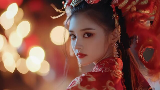 Young Asian woman in festive costume with bokeh background. 2025, Happy Lunar and Chinese New Year. Culture and fashion. Girl in opera attire