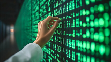 Hand Interacting with High-Tech Digital Display of Green Data in a Futuristic Environment, Representing Technology, Innovation, and Cybersecurity Concepts