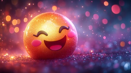 Fototapeta premium A whimsical, glittering emoji with a joyful expression, complemented by lively, colorful sparkles in the background, creating a mood of celebration and delight.