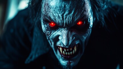 Naklejka premium A terrifying creature with glowing red eyes and sharp teeth, set in a dark and menacing atmosphere, evoking fear and intensity in a horror style depiction.