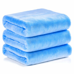 Three Soft and Plush Light Blue Towels Stacked Neatly on a White Background Perfect for Spa, Bath, or Home Use, Ideal for Relaxation and Comfort