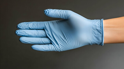 Close-up of a Single Blue Disposable Glove Hand Extended Against a Dark Background for Medical or Laboratory Use in Health and Safety Contexts