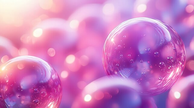 Dreamy pink and purple bokeh with transparent bubbles in soft focus