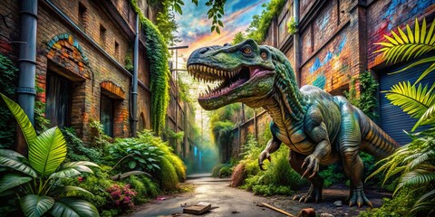 Fototapeta premium Urban Exploration Photography Featuring Dinosaurs in a Raw and Playful Environment Filled with Colorful Street Art and Natural Overgrowth, Capturing the Essence of Adventure and Imagination