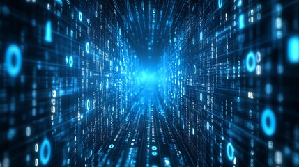 Fototapeta premium A mesmerizing blue digital tunnel filled with glowing binary code represents futuristic technology, data flow, and connectivity in a virtual environment.
