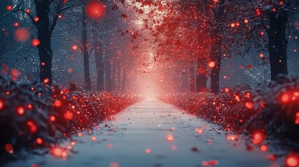 Enchanted winter path lined with glowing red lights amidst snowy trees