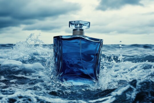 A glass perfume bottle made of dark blue, on the background of a ocean during a storm.