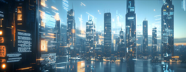 Fototapeta premium A futuristic city skyline with animated digital signs and dynamic marketing elements floating in the foreground