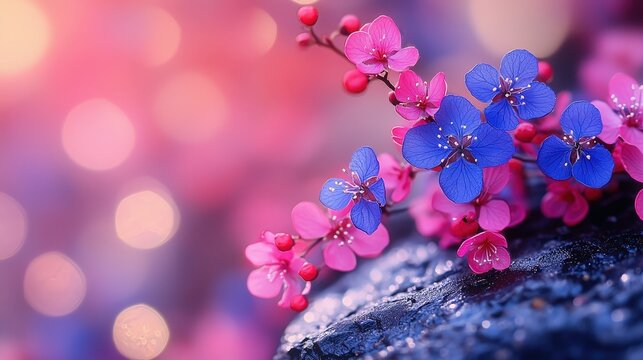 Vibrant pink and blue flowers with soft bokeh background