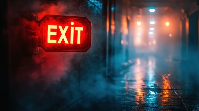 Dimly lit hallway with glowing red exit sign, foggy mysterious atmosphere, dramatic lighting, eerie vibe, dark corridor, blue fog, emergency light, suspenseful setting