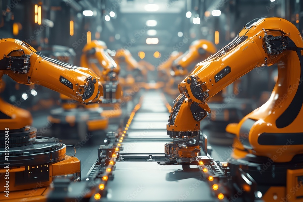 Poster industrial robots working on an assembly line in a modern factory.