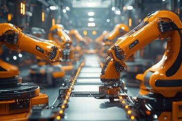 Industrial robots working on an assembly line in a modern factory.