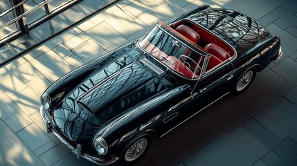 Naklejka premium A stunning convertible vintage car sits under a canopy of natural light, featuring a glossy black finish complemented by vibrant red leather interior seats.