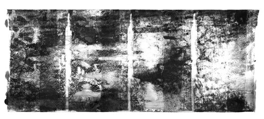 Linocut, relief printing rectangle texture with paint streaks. Black and white artistic text background with rough uneven edge. Dirty, grungy paint roller stains, wide textured lino ink remains.