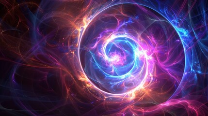 Obraz premium Celestial neon swirls on a dark background, Generous white space in the center