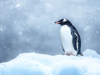 Naklejka premium A calm penguin on a snow-covered iceberg